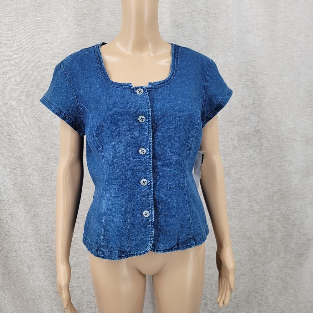 Requirements Linen Blend Denim Blue Button Down Women's Shirt